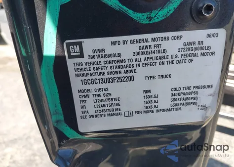 2003 Chevrolet Silverado 1500Hd Ls z USA, uszkodzony, nr VIN 1GCGC13U03F252200